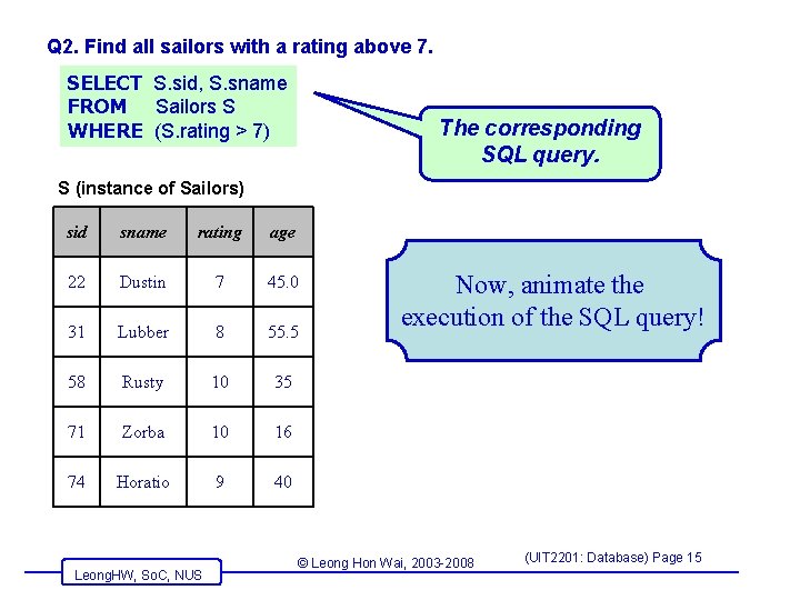 Q 2. Find all sailors with a rating above 7. SELECT S. sid, S. Q 2. Find all sailors with a rating above 7. SELECT S. sid, S.