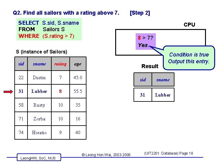 Q 2. Find all sailors with a rating above 7. [Step 2] SELECT S.