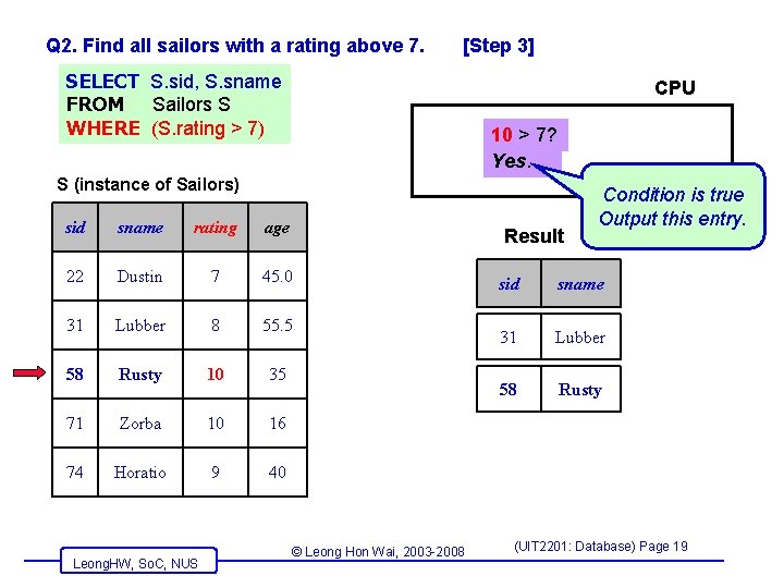 Q 2. Find all sailors with a rating above 7. [Step 3] SELECT S.