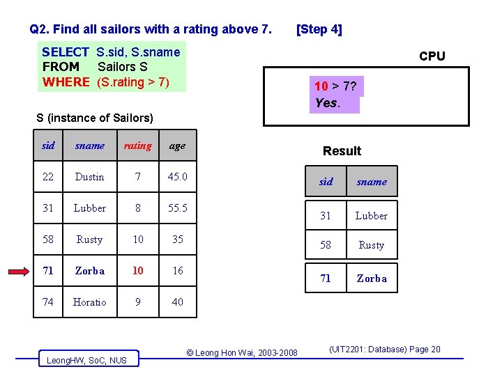 Q 2. Find all sailors with a rating above 7. [Step 4] SELECT S.
