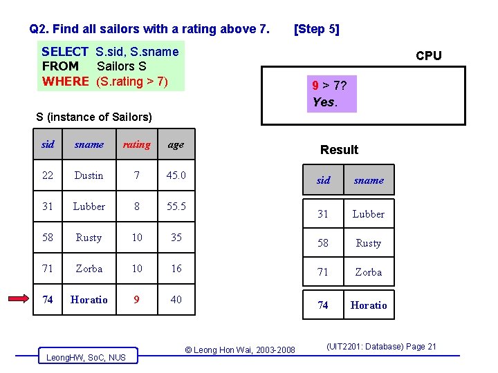 Q 2. Find all sailors with a rating above 7. [Step 5] SELECT S.