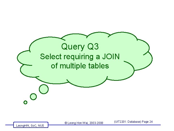 Query Q 3 Select requiring a JOIN of multiple tables Leong. HW, So. C, Query Q 3 Select requiring a JOIN of multiple tables Leong. HW, So. C,