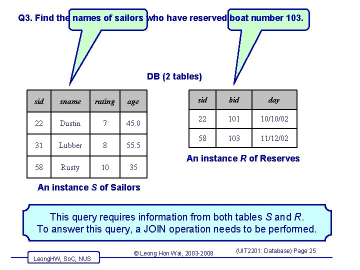 Q 3. Find the names of sailors who have reserved boat number 103. DB Q 3. Find the names of sailors who have reserved boat number 103. DB