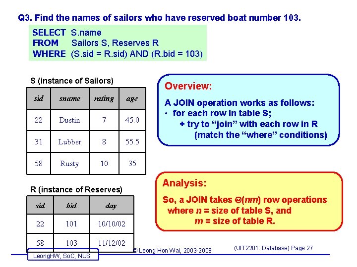 Q 3. Find the names of sailors who have reserved boat number 103. SELECT Q 3. Find the names of sailors who have reserved boat number 103. SELECT