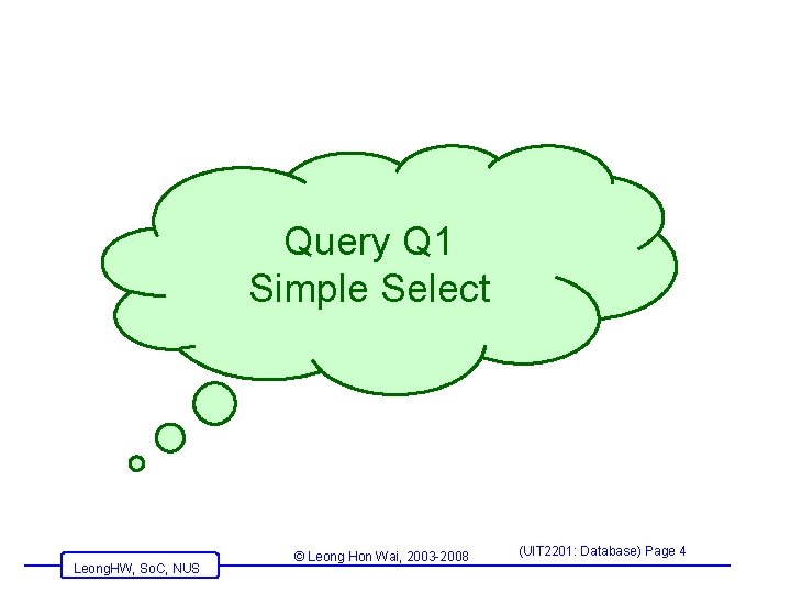 Query Q 1 Simple Select Leong. HW, So. C, NUS © Leong Hon Wai, Query Q 1 Simple Select Leong. HW, So. C, NUS © Leong Hon Wai,