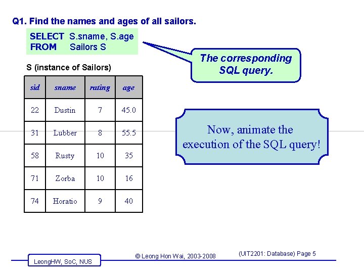 Q 1. Find the names and ages of all sailors. SELECT S. sname, S. Q 1. Find the names and ages of all sailors. SELECT S. sname, S.