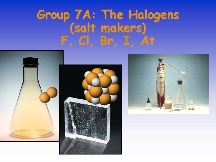 Group 7 A: The Halogens (salt makers) F, Cl, Br, I, At 