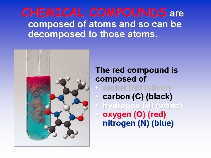 CHEMICAL COMPOUNDS are composed of atoms and so can be decomposed to those atoms.