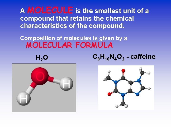 A MOLECULE is the smallest unit of a compound that retains the chemical characteristics