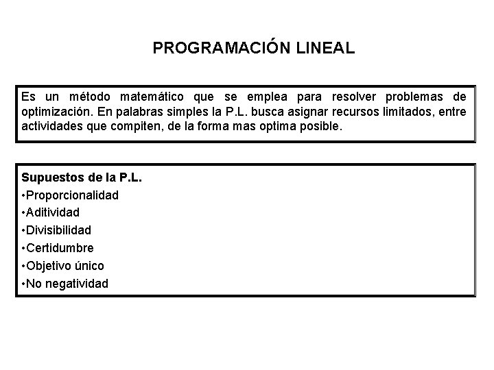 PROGRAMACIÓN LINEAL Es un método matemático que se emplea para resolver problemas de optimización.