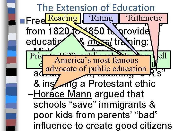 The Extension of Education ‘Ritinggrew ‘Rithmetic n Free Reading public schools rapidly from 1820