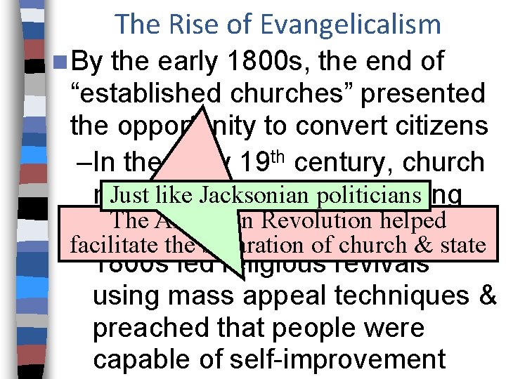 The Rise of Evangelicalism n By the early 1800 s, the end of “established