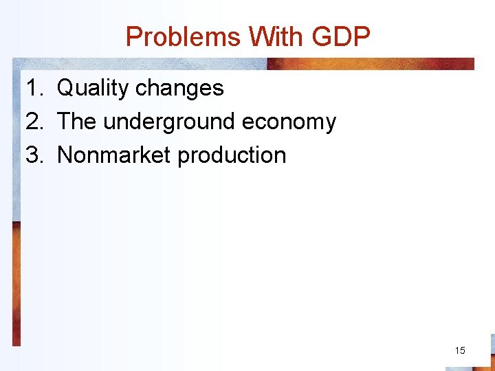 Problems With GDP 1. Quality changes 2. The underground economy 3. Nonmarket production 15