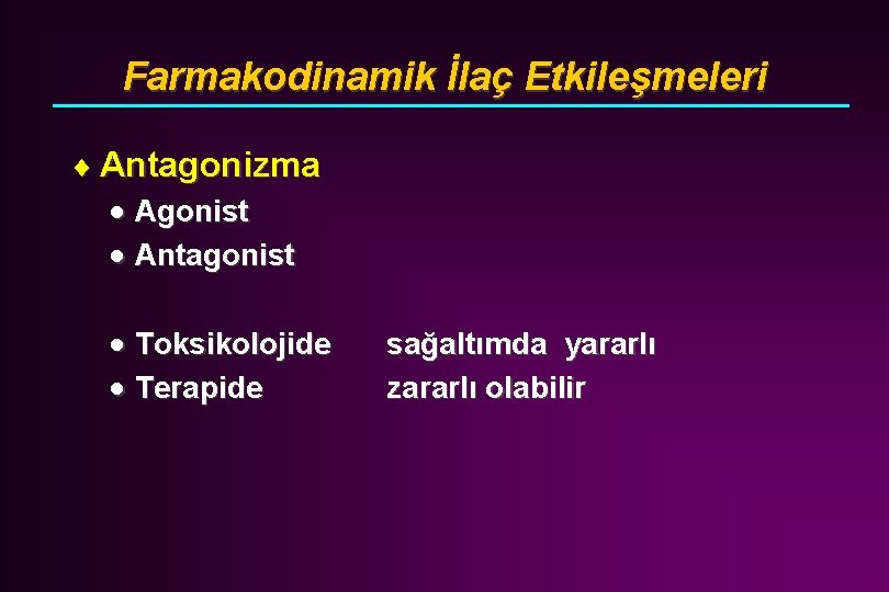 Farmakodinamik İlaç Etkileşmeleri ¨ Antagonizma · Agonist · Antagonist · Toksikolojide · Terapide sağaltımda