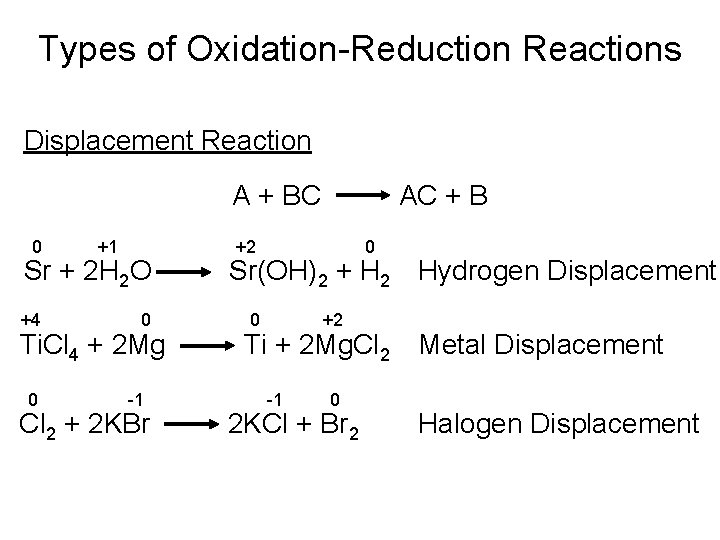 Types of Oxidation-Reduction Reactions Displacement Reaction A + BC 0 +1 Sr + 2