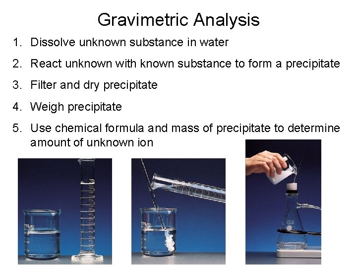 Gravimetric Analysis 1. Dissolve unknown substance in water 2. React unknown with known substance