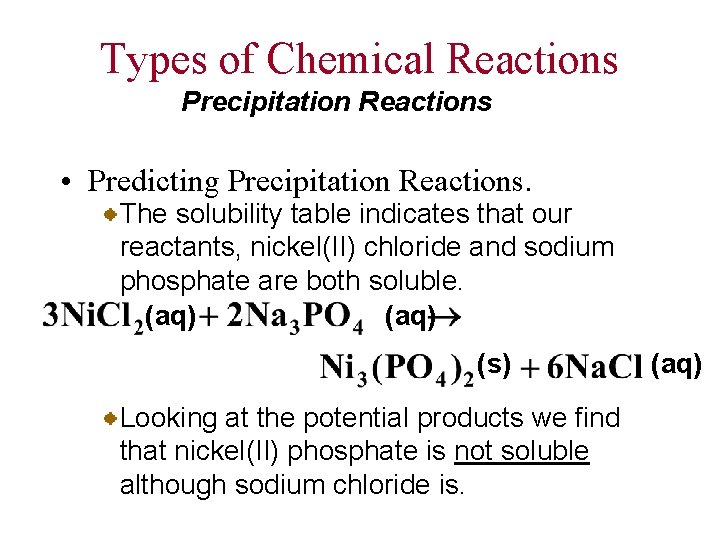 Types of Chemical Reactions Precipitation Reactions • Predicting Precipitation Reactions. The solubility table indicates