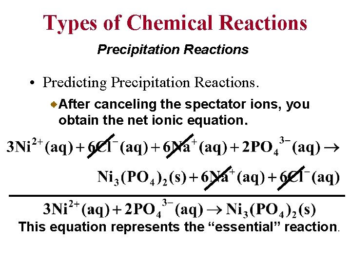 Types of Chemical Reactions Precipitation Reactions • Predicting Precipitation Reactions. After canceling the spectator