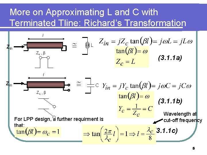 More on Approximating L and C with Terminated Tline: Richard’s Transformation l Zin L