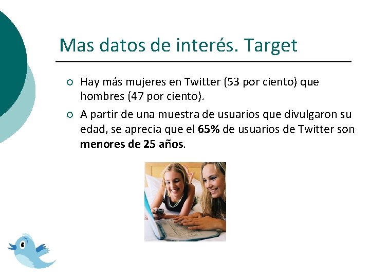 Mas datos de interés. Target ¡ ¡ Hay más mujeres en Twitter (53 por