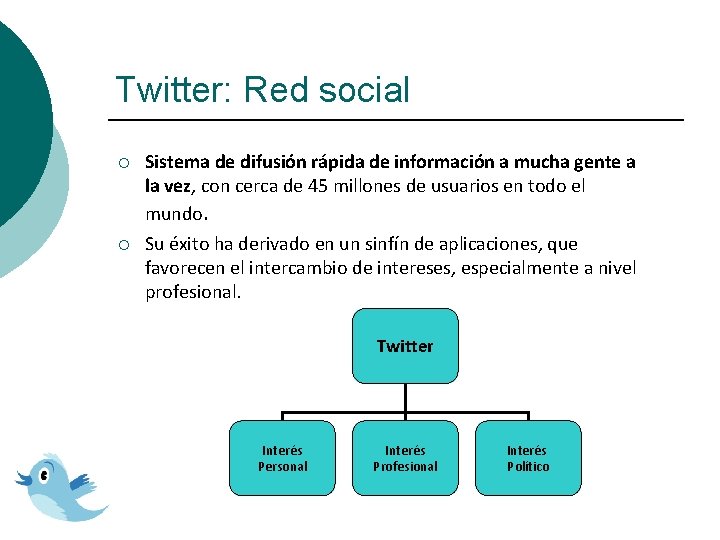 Twitter: Red social ¡ Sistema de difusión rápida de información a mucha gente a