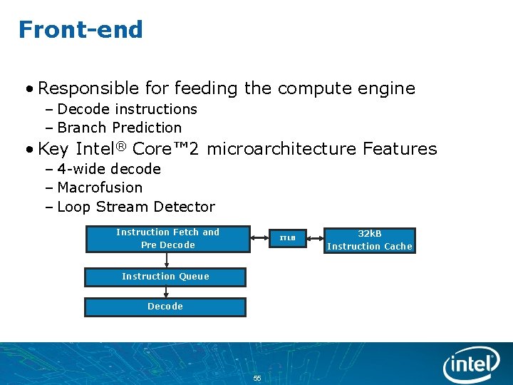 Front-end • Responsible for feeding the compute engine – Decode instructions – Branch Prediction