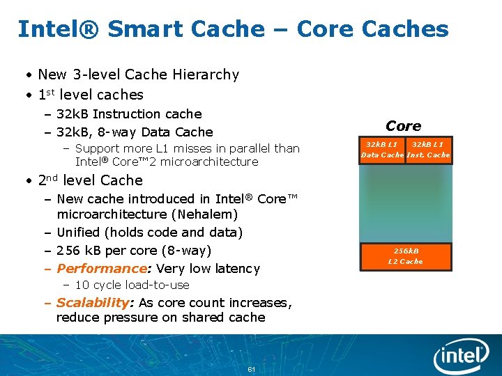 Intel® Smart Cache – Core Caches • New 3 -level Cache Hierarchy • 1