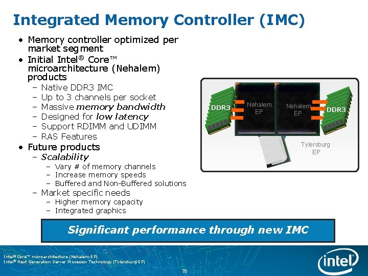 Integrated Memory Controller (IMC) • Memory controller optimized per market segment • Initial Intel®