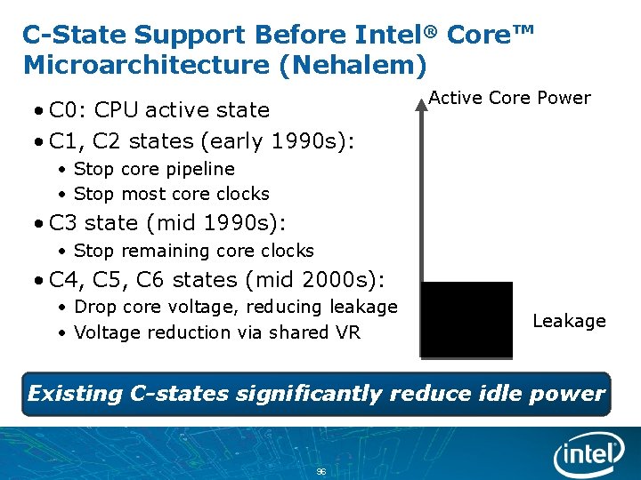 C-State Support Before Intel® Core™ Microarchitecture (Nehalem) • C 0: CPU active state •