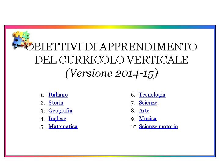 OBIETTIVI DI APPRENDIMENTO DEL CURRICOLO VERTICALE (Versione 2014 -15) 1. 2. 3. 4. 5.