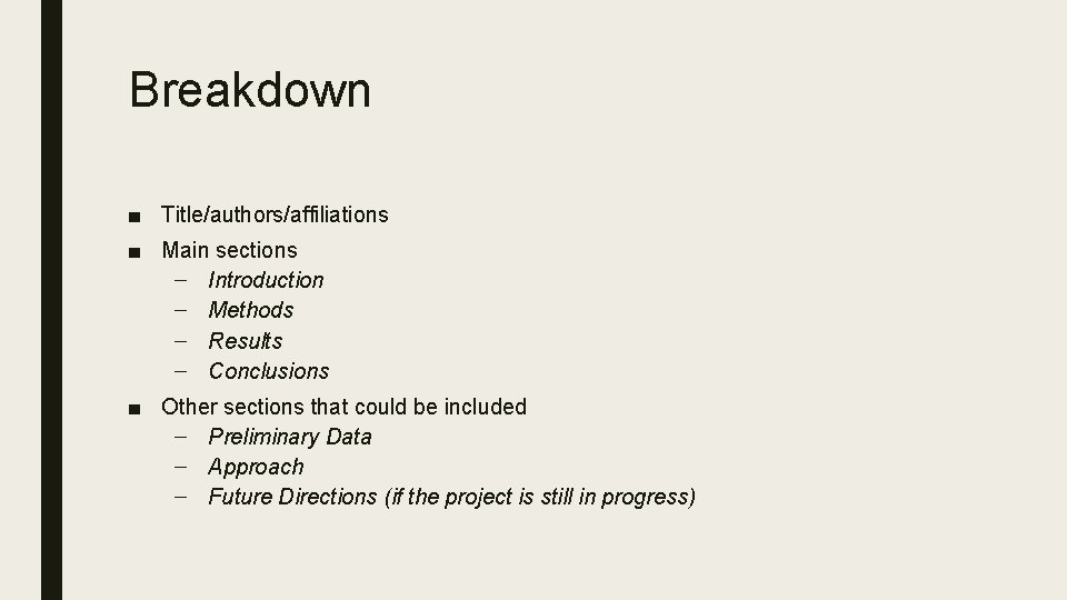 Breakdown ■ Title/authors/affiliations ■ Main sections – Introduction – Methods – Results – Conclusions