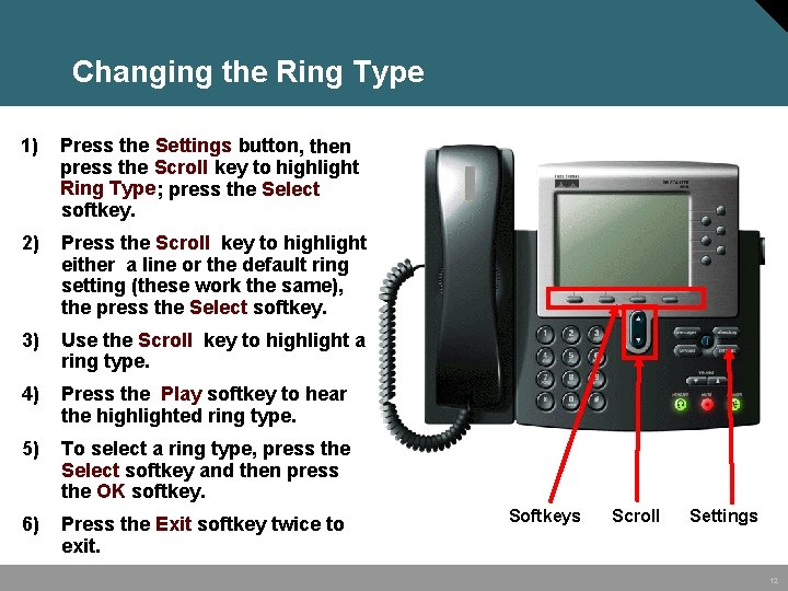 Changing the Ring Type 1) Press the Settings button, then press the Scroll key
