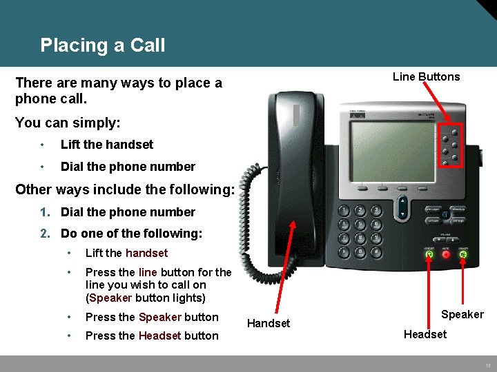 Placing a Call Line Buttons There are many ways to place a phone call.