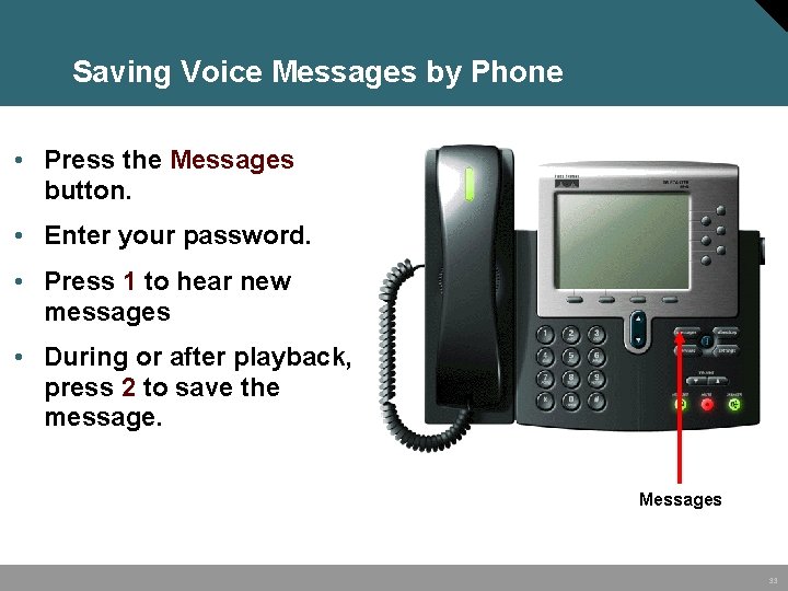 Saving Voice Messages by Phone • Press the Messages button. • Enter your password.