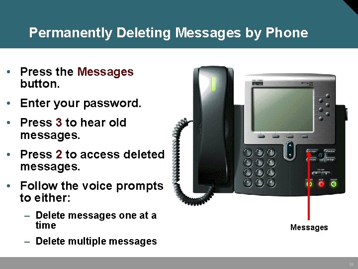 Permanently Deleting Messages by Phone • Press the Messages button. • Enter your password.
