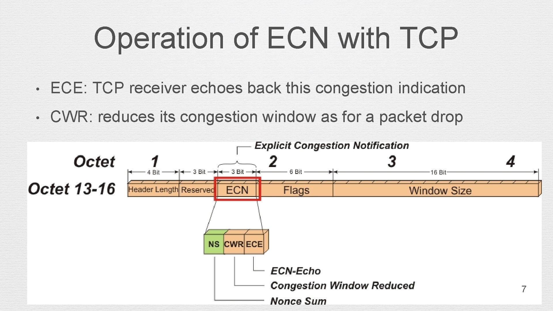 Operation of ECN with TCP • ECE: TCP receiver echoes back this congestion indication