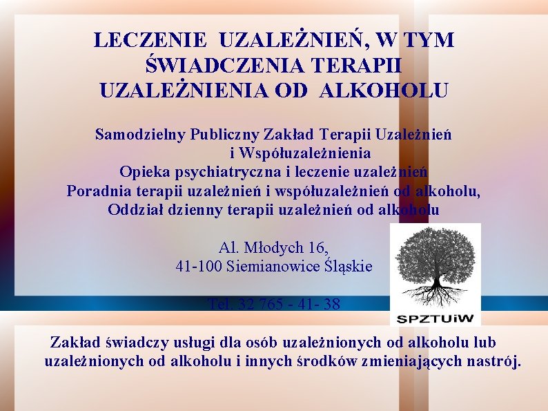 LECZENIE UZALEŻNIEŃ, W TYM ŚWIADCZENIA TERAPII UZALEŻNIENIA OD ALKOHOLU Samodzielny Publiczny Zakład Terapii Uzależnień