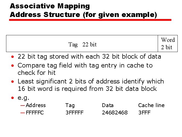 Associative Mapping Address Structure (for given example) Word 2 bit Tag 22 bit •