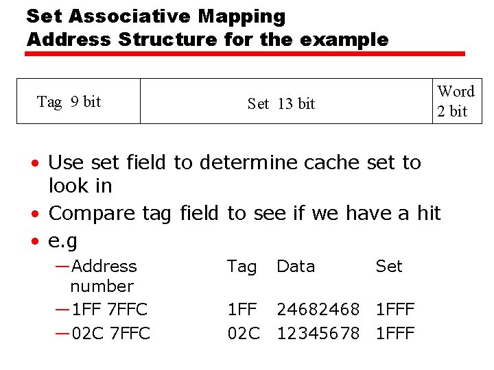 Set Associative Mapping Address Structure for the example Tag 9 bit Word 2 bit