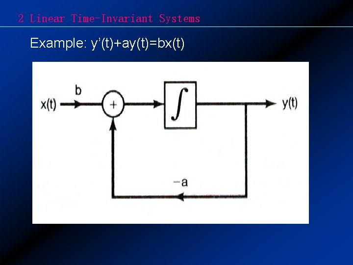 2 Linear Time-Invariant Systems Example: y’(t)+ay(t)=bx(t) 