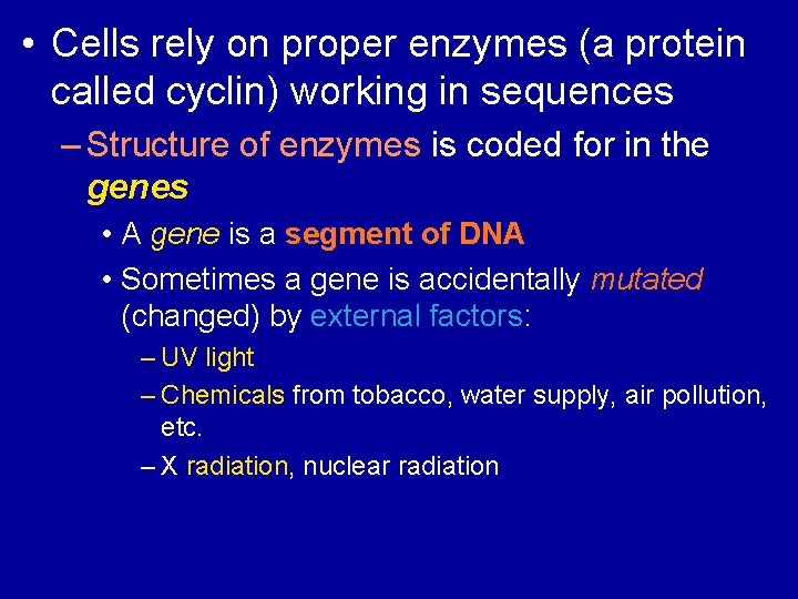  • Cells rely on proper enzymes (a protein called cyclin) working in sequences