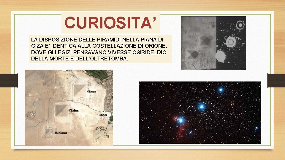 CURIOSITA’ LA DISPOSIZIONE DELLE PIRAMIDI NELLA PIANA DI GIZA E’ IDENTICA ALLA COSTELLAZIONE DI