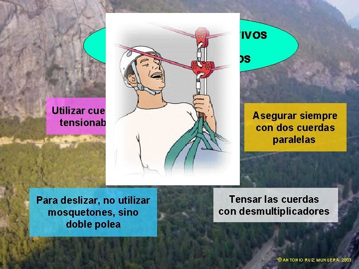 V. ASPECTOS PREVENTIVOS EN TIROLINAS Y PUENTES TIBETANOS Utilizar cuerdas tensionables Para deslizar, no