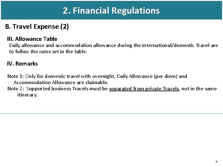 2. Financial Regulations B. Travel Expense (2) III. Allowance Table Daily allowance and accommodation