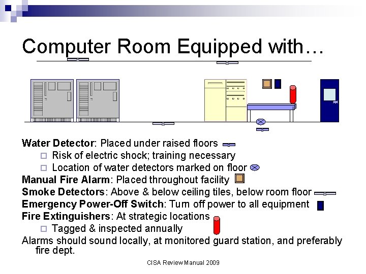 Computer Room Equipped with… Water Detector: Placed under raised floors ¨ Risk of electric