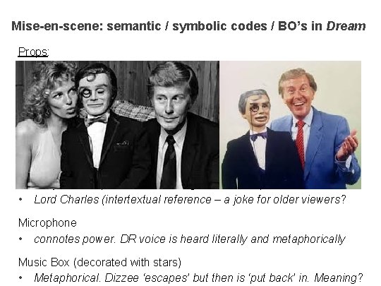 Mise-en-scene: semantic / symbolic codes / BO’s in Dream Props: Puppets a metaphor for