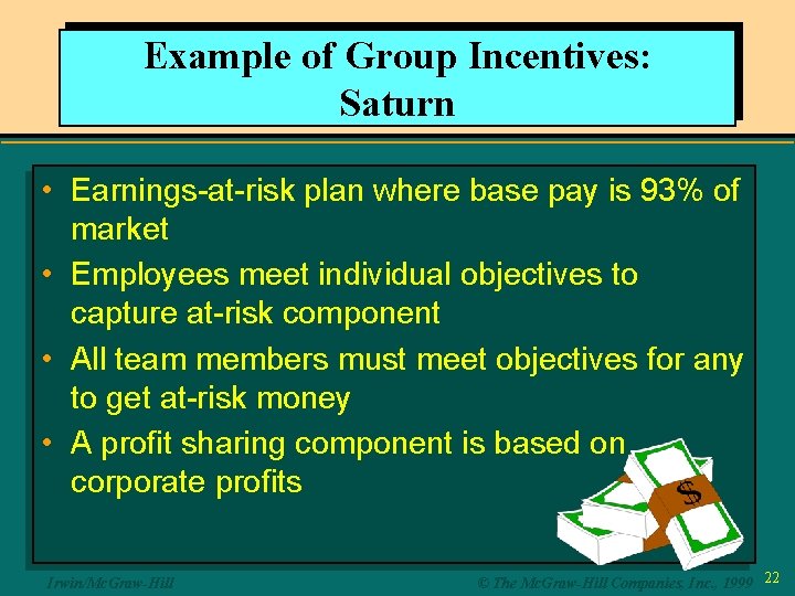 Example of Group Incentives: Saturn • Earnings-at-risk plan where base pay is 93% of