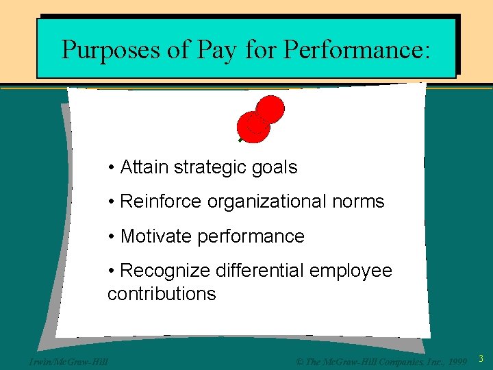 Purposes of Pay for Performance: • Attain strategic goals • Reinforce organizational norms •