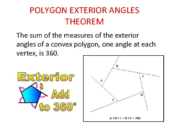 POLYGON EXTERIOR ANGLES THEOREM The sum of the measures of the exterior angles of
