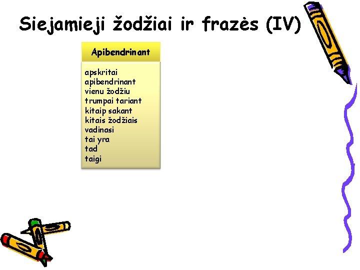 Siejamieji žodžiai ir frazės (IV) Apibendrinant apskritai apibendrinant vienu žodžiu trumpai tariant kitaip sakant